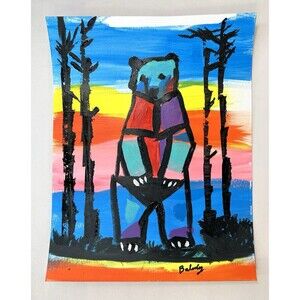 Original Abstract Bear Painting Sunset Forest Acrylic Art On Paper Signed 11x14